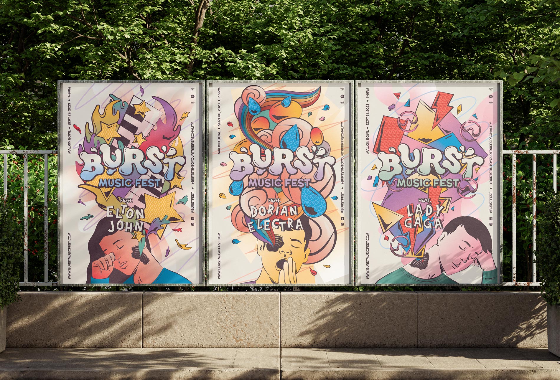 Cassie VP Burst Music Fest Branding and Illustration Posters